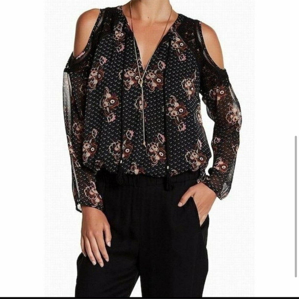 Daniel Rainn DR2 Womens Floral Black Lace Tie Front Cold Shoulder NWT Blouse Top